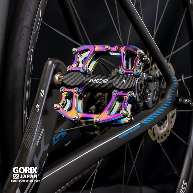 GORIX Bike Flat Pedals Wide CNC Lightweight with Non-Slip Pin Spike Oil Slick Road Mountain MTB Bicycle (GX-Fi777)