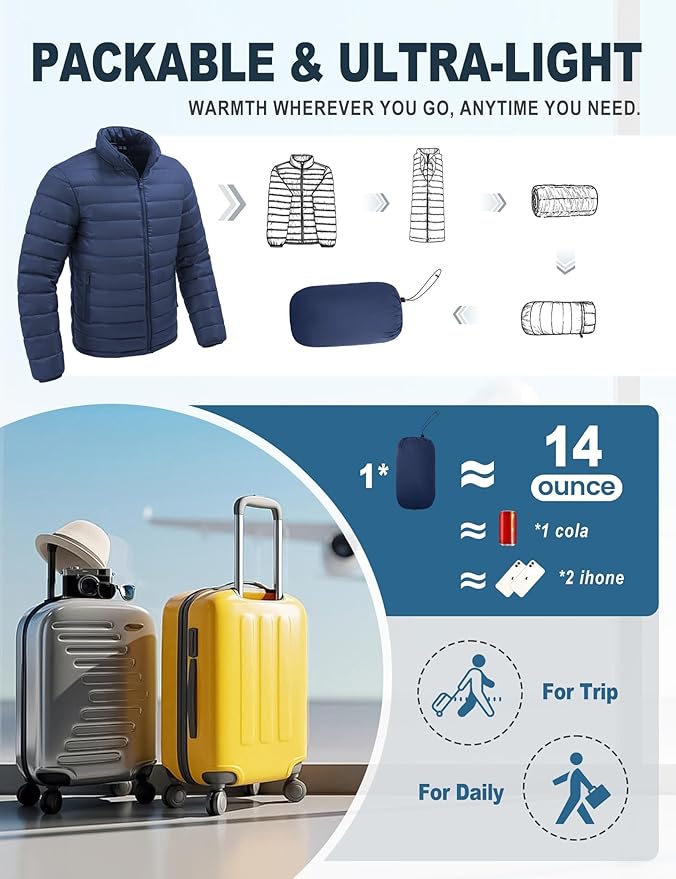 Men's Lightweight Packable Puffer Jacket Insulated Warm Winter Jackets Puffy Coat for Ski Hiking Travel