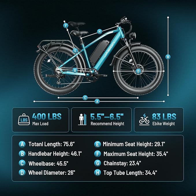 Jasion EB5 MAX Electric Bike for Adults with 2000W Peak Motor, 48V 15Ah (720Wh) Battery Electric Mountain Bike, 26'' x 4'' Fat Tire Ebike, 28+MPH Speed, Cruise Control, with Fenders, Rear Rack