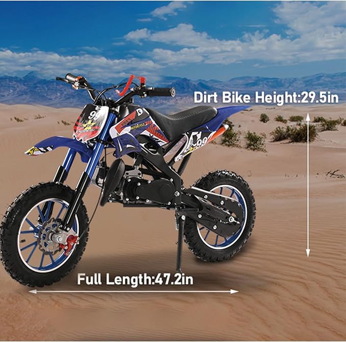 49cc Kids Dirt Bike,2-Stroke Children Moto Gas Powered Motorcycle Off Road Mini Bike Beach Vehicle with Front Rear Disc Brakes Pull Start for Boys & Girls Ages 8-14 Gifts Blue