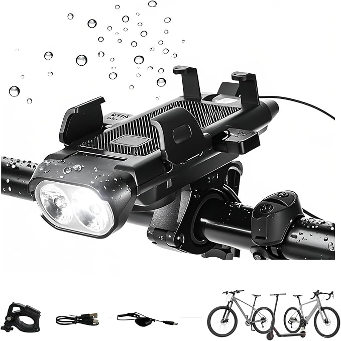 4 in 1 Bike Phone Mount with Light, Bicycle Phone Holder with 500 Lumen LED Headlight,3000mAh USB Charger&130dB Horn,Easy Install for Handlebar,E-Bike,Road & Mountain Bicycle(Black)