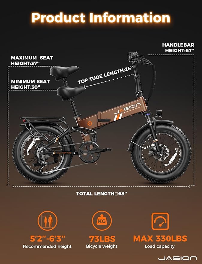 Jasion X-Hunter ST/PRO Foldable Electric Bike for Adults with 20'' Fat Tire,Up to 71-80 Miles Range Ebike,1800W/1400W Peak Motor,30+MPH E Bike,Full Suspension&Dual Hydraulic Disc Brakes Bicycles