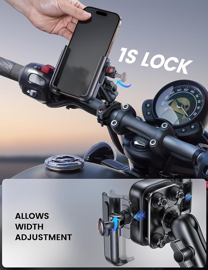 Lamicall Motorcycle Phone Mount Holder - [All Metal] [Anti Shake] [Extendable Arm] Bike Phone Holder Handlebar Clamp, Bicycle Cell Phone Mount, Gifts for iPhone 17 16 Pro Max, Galaxy, 4.7-7.2" Phones