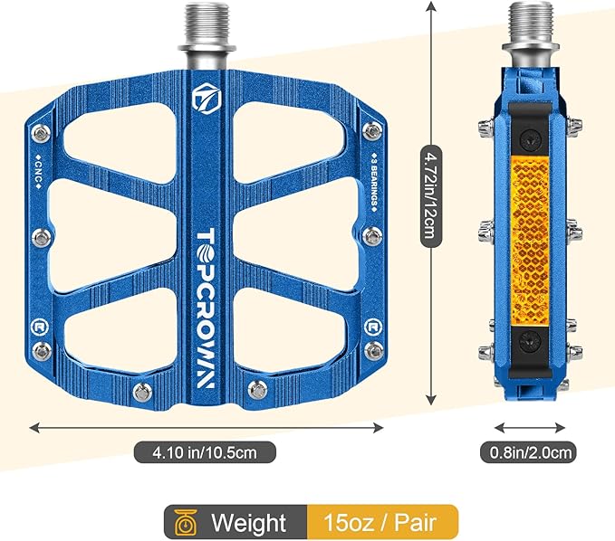 Mountain Bike Pedals with Reflectors, Aluminum Metal Bicycle Flat Pedals 9/16" - 3 Sealed Bearings, Non-Slip Wide Platform with Removable Pins for MTB, Road Bike, BMX, Ebike