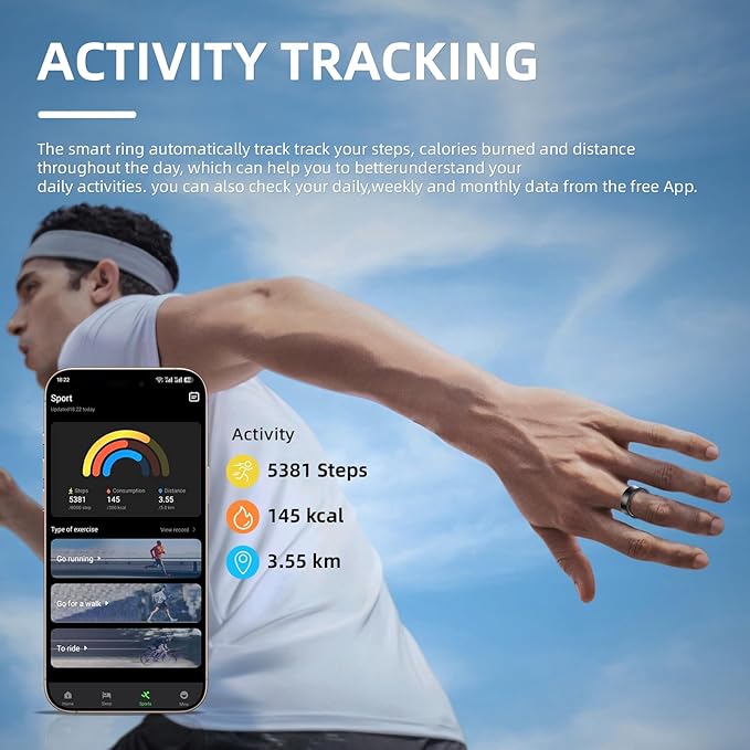 AI Smart Ring, Fitness Tracker with Heart Rate,Sleep Tracking, Step Tracking, 10ATM, Waterproof Smart Ring for iPhone and Android (Matte Black, 12)