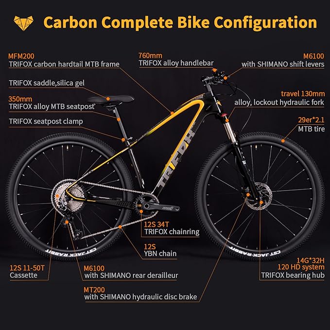 TRIFOX Carbon Fiber Mountain Bike,29er Carbon Mountain Bike with Shimano M6100 Deore Groupset 12-Speed,Carbon Fiber Frame,Hydraulic Fork 130mm Travel,/17/19 inch