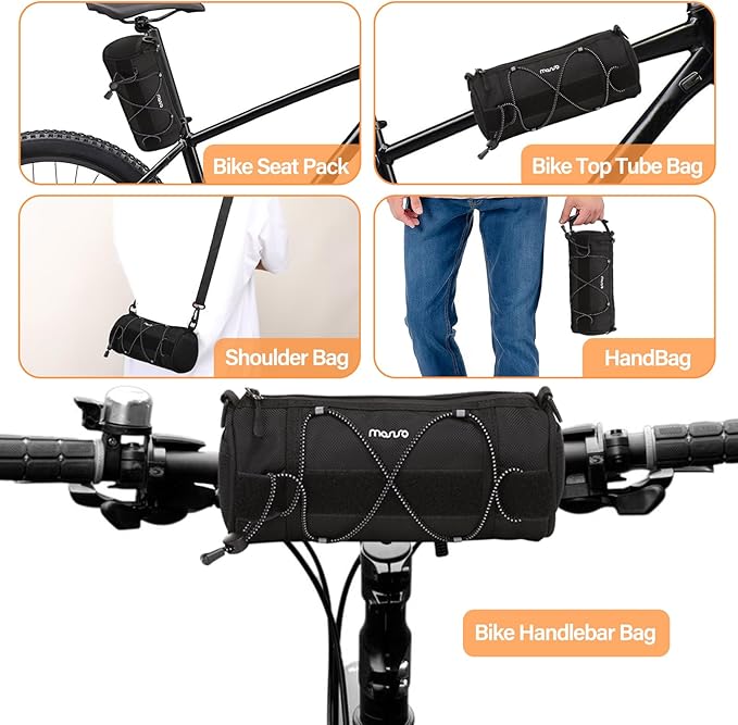 MOSISO Bike Handlebar Bag, Bicycle Front Frame Case with Elastic Cord, 2.5L Bike Roll Top Tube Pouch Storage Pack Cycling Accessories Cylinder Bag with Shoulder Strap, Black