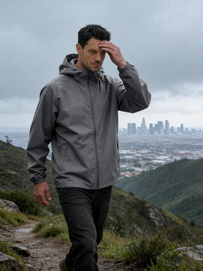 Men's Rain Jacket Windbreaker Waterproof Jacket Raincoat Cycling Running Hiking Gear Hood Lightweight Packable