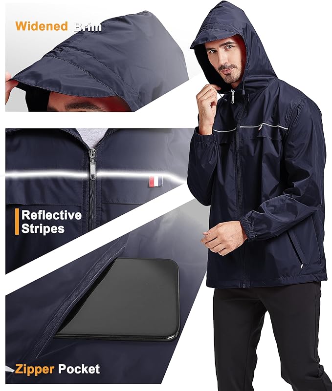 GEEK LIGHTING Rain Jacket Men Lightweight Waterproof Jackets Packable Windbreaker Hooded Raincoat for Golf Cycling Outdoor
