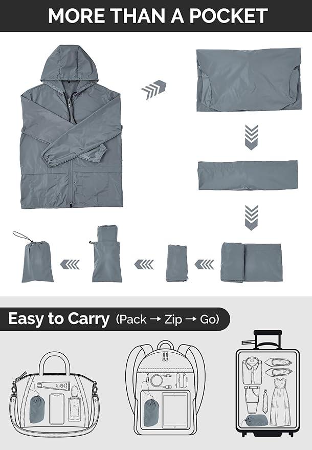 Zando Packable Mens Rain Jacket Lightweight Raincoat Waterproof with Hood Outdoor Windbreaker Jacket Travel Rain Jackets