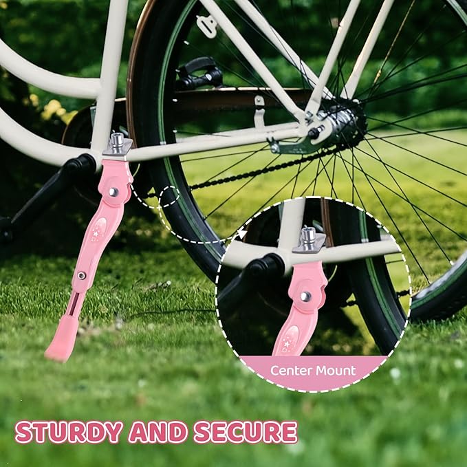 Adjustable Kickstand for Kids Bike, Bike Kickstand Center Mount for 16 18 20 Inch Kids Bikes, Aluminum Alloy Durable Bicycle Kickstand Bike Accessories for Kids, Pink