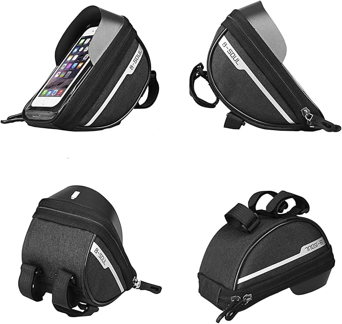 Bike Phone Front Frame Bag, Waterproof, Tube Case, Bicycle Phone Holder, Bike Handlebar Bag, Bicycle Accessories Compatible Cellphone Under 7.2”, Cycling Pouch with 6Pcs Glue-free Tire Patches