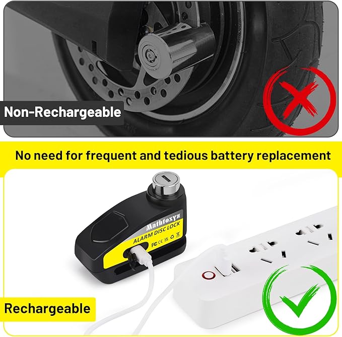 Motorcycle Lock Rechargeable, 120dB Alarm Disc Brake Locks Anti-Theft Security Wheel Disc Lock Waterproof with 5ft Reminder Cable and Carry Pouch for Motorbike Bike Scooter