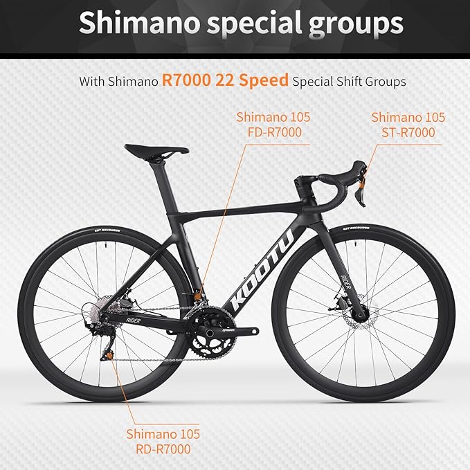 KOOTU Carbon Road Bike, T800 Lightweight Carbon Fiber Frame Racing Bicycle with Shimano 105 R7000 22 Speed Groupset and Mechanical Disc Brake for Adult