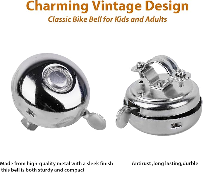 Bicycle Bell for Adult Bikes– Silver Metal Bike Bell with Clear Loud Ring – Easy Press Bell for Road, Mountain, Folding Bikes & Scooters