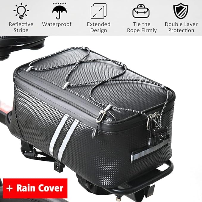 Tookie 8L Rear Carrier Luggage Bike Bag, Waterproof PU Leather Bicycle Rear Seat Cargo Bag Luggage Bike Bag Bicycle Saddle Bag with Rain Cover, Easy to Install
