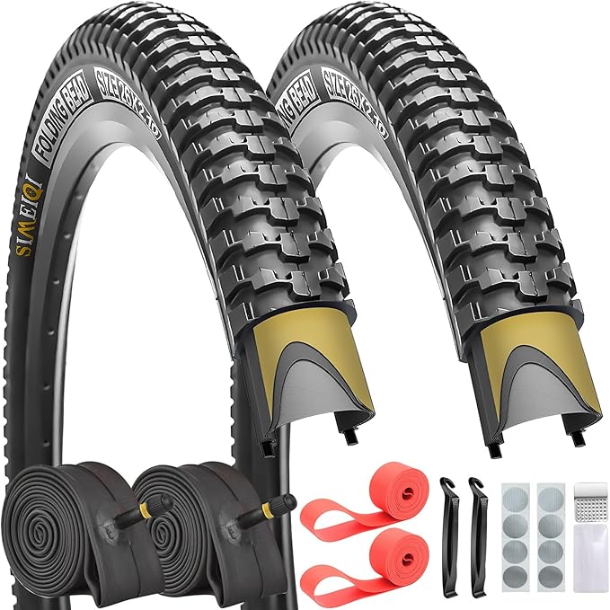SIMEIQI 2 Pack 24/26/27.5x1.95 26x2.1 29x2.125 Inch Anti-Puncture Tires for Mountain Bike and Tubes Folding Replacement Bicycle Tyres for Hybrid Trails Commuter City Road