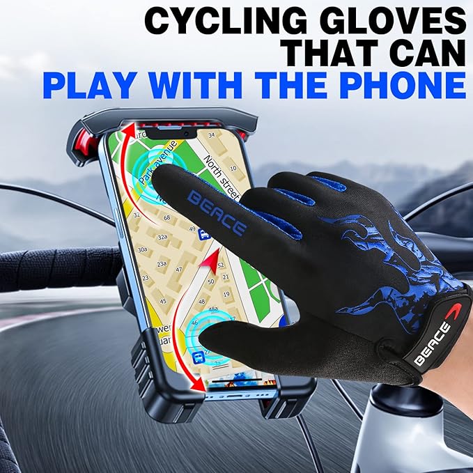 BEACE Cycling Gloves for Men Women - Full Finger Mountain Bike Gloves With Touch Screen and Anti-Slip Silicone Palm - Workout and Road Bicycle Gloves