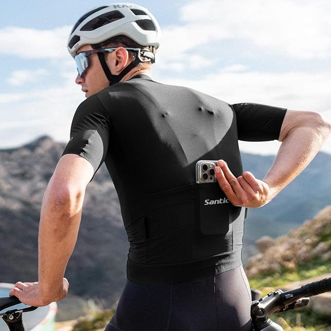 Santic Men's Cycling Jersey Short Sleeve Tops Pro Road Bike Shirt Full Zipper UPF 50+ Bicycle Jersey with Pockets
