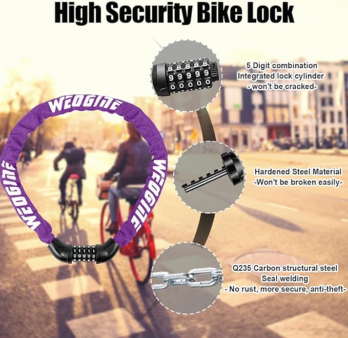 Bike Lock with Numbers and high Security Level, Bike Chain Lock, Bicycle Locks, 5 Digit Combination Lock for Bike, Bicycle, Scooter, Motorcycle, Door, Gate, Fence