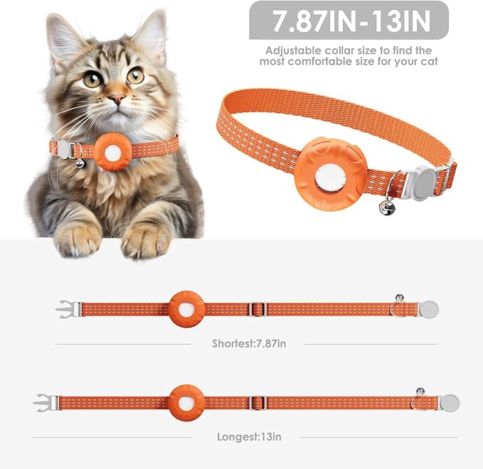 Cat Tracker, Lightweight GPS Tracker, Compatible with Apple Find My App(Only iOS), Waterproof Cat Trackers Collar with Bell and Safety Elastic Buckle, Real-Time Location Pet Trackers, Orange