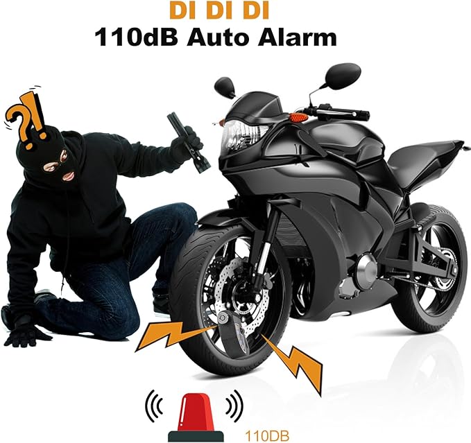 AGPTEK 110dB Motorcycle Brake Lock with 5FT Reminder Cable, Anti-Theft Padlock Waterproof with Lock Pin Carrying Bag for Motorcycle Bike Scooter, Black