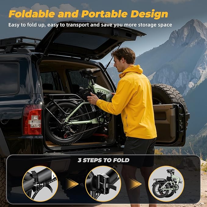 Foldable Electric Bike for Adults, 30+MPH, 48V 20Ah Removable Lithium Battery up to 80Miles, 20" Fat Tire 1000W Peak Motor Dirt Ebike Adult Electric Bicycle for Commute Beach Mountain E Bike