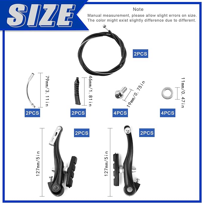 Glarks 6Pcs Bike Brake Set Includes 2 Pairs 4Pcs V-Bike Brakes, 2Pcs Black Front and Rear Brake Cables Professional Bicycle Brake Lines for Mountain Road Bikes