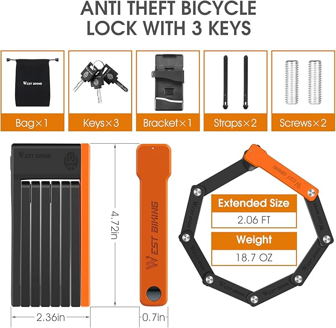 Compact Folding Bike Lock with 3 Keys, 2.06 Ft Anti Theft Security Bicycle Locks, Super Strong Bicycle Security Chain Lock with Bracket for Electric Bikes/Scooters