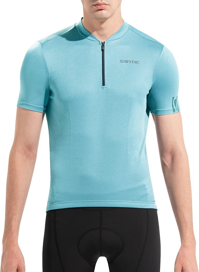 Santic Men's Cycling Jersey Short Sleeve Tops Pro Road Bike Shirt Full Zipper UPF 50+ MTB Jersey with Pockets