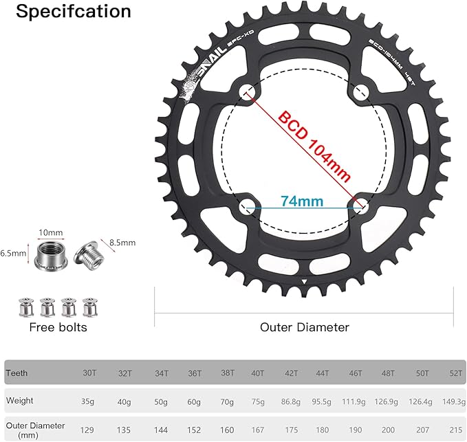 CYSKY 104 BCD Chainring 30T to 52T Narrow Wide Chainring with Sprocket Bolts for 1x Set-up Road Bike Mountain Bike BMX MTB Gravel Ebike