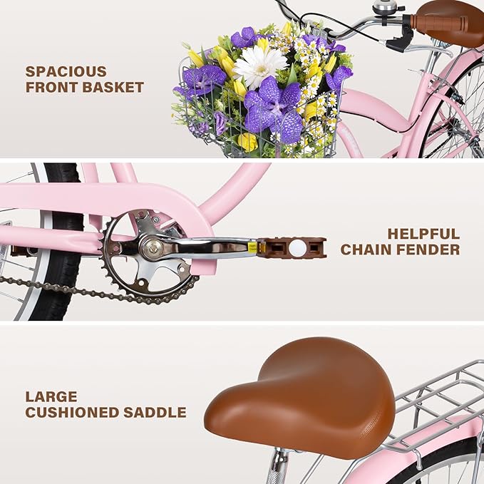WEIZE Beach Cruiser Bike, 26 inch Commuter Bicycle for Adult Men and Women,High-Carbon Steel/Front & Rear Fenders, Comfortable City Bikes with Rear Rack or Basket, Ergonomic Upright Design