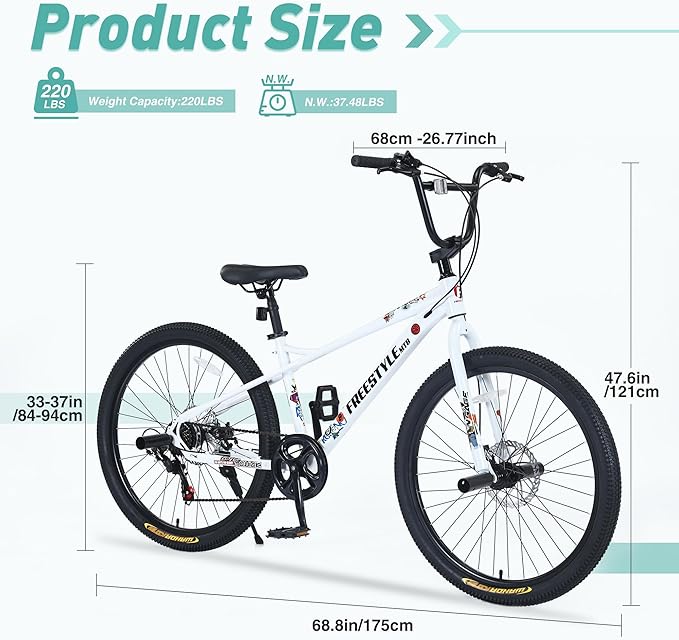 Freestyle Teen Bike Double Disc Brakes 26 inch BMX Bike High-Aluminum/Carbon Steel Frame, for for Teen Bike and Adult Bikes, with 2 Pegs, Bicycles for Men and Women, Multiple Colors