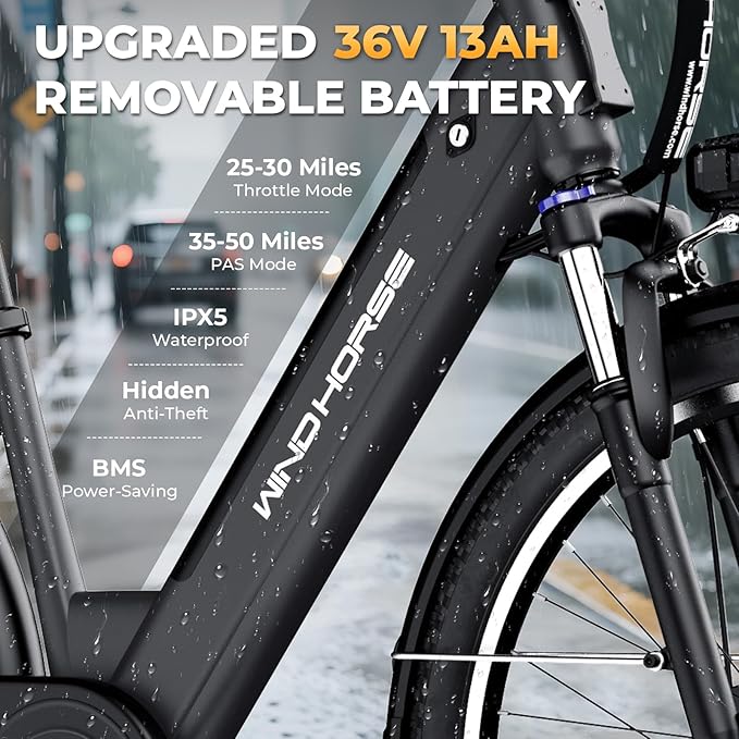 WINDHORSE 26" Electric Bike for Adults 20MPH & 30-50 Miles Range, Shimano 7-Speed, 468WH Removable Battery Commuter Ebike with 750W Peak Motor, Front Suspension, Rear Rack, Fenders, UL2849 Certified