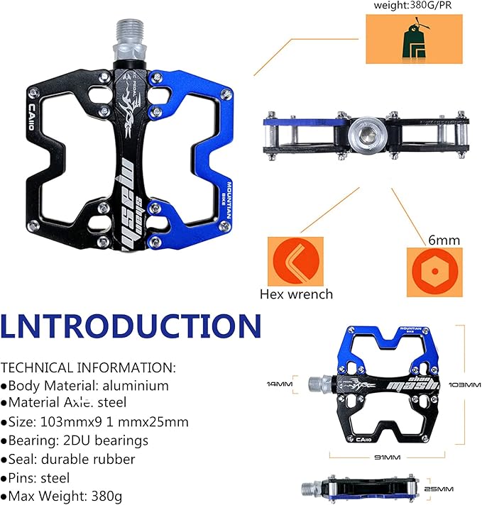 Mountain Bike MTB Pedals Parallel Bicycle Road Pedal 9/16 Inch Ultra-Light Flat Aluminum Alloy Sealed Bearing with Anti-Skid 1 Pair