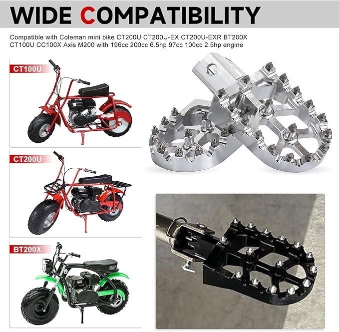 Mini Bike Foot Pegs CNC Anti-Slip Wide Footpegs for CRF50 CRF70 Coleman CT100U CT200U BT200X CC100X CRF XR50 70 110 125 SSR Apollo TaoTao Motorcycle Dirt Bike Pit Bike Pedals (Silver)
