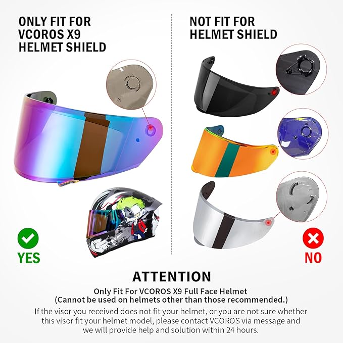 VCOROS X9 Full Face Motorcycle Helmet Replacement Shield 5Color Lens Available (Rainbow)