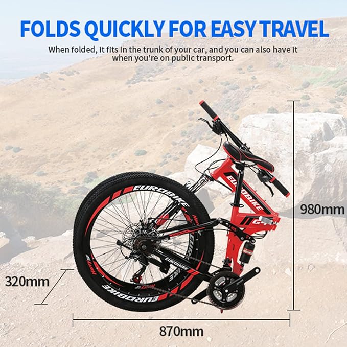 EUROBIKE Mountain Bike, 21 Speed, 26/27.5 Inches, Dual Suspension, Folding, for Men