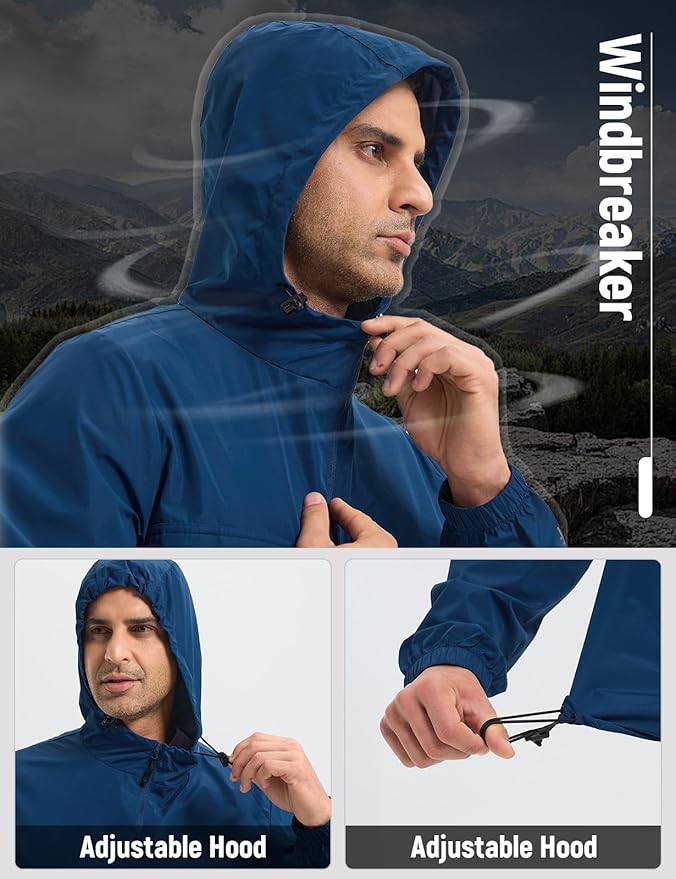 baleaf Men's Rain Jacket Water Resistant Hiking Windbreaker Packable Running Golf Gear Hood Raincoat Reflective