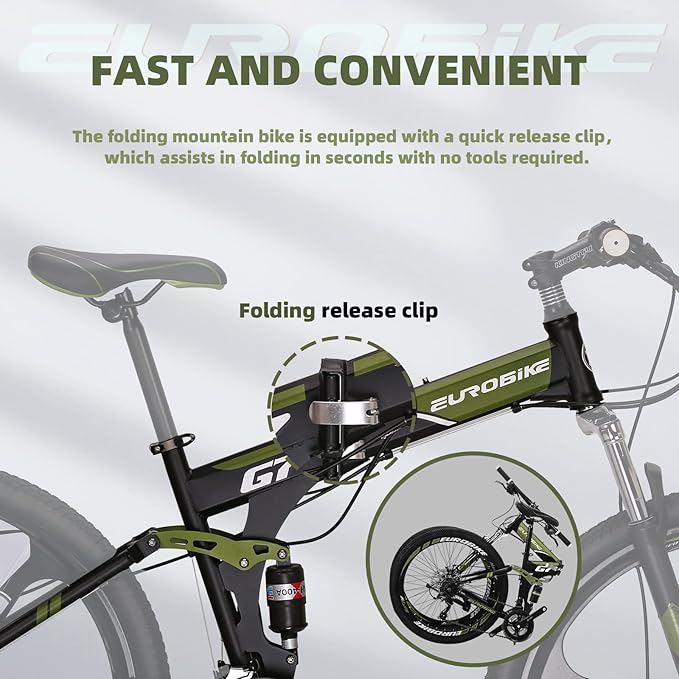 EUROBIKE YH-G7 Folding Mountain Bike 27.5 Inches Wheels 21 Speed Full Suspension Dual Disc Brakes Foldable Frame Bicycle for Men