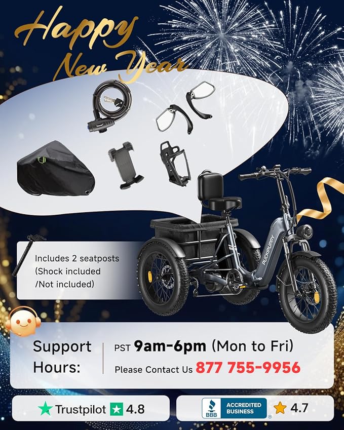 Electric Trike for Adult with 48V 17.4AH Cells Battery, 60 Miles Range, 960W Peak Motor, Pickup Class 500 LB Load Electric Tricycle with 20" Fat Tire and Large Basket for City and Mountain Road, Husky