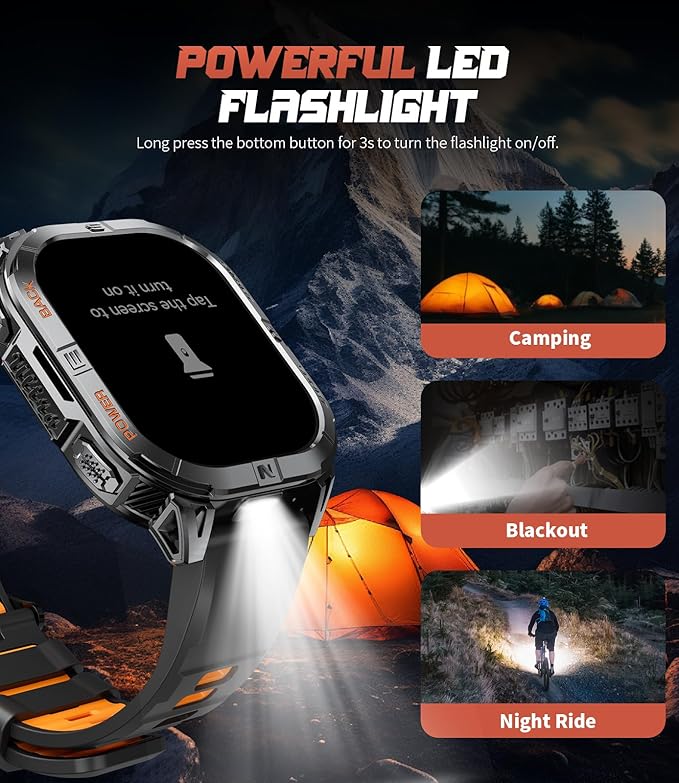 LIGE DM6 GPS Military Smart Watch for Men, 2.13'' AMOLED Always on Display Fitness Tracker, LED Flashlight/Compass/IP68 Waterproof Smartwatch, 170+ Sports Smartwatches for Android iOS, Black-Orange
