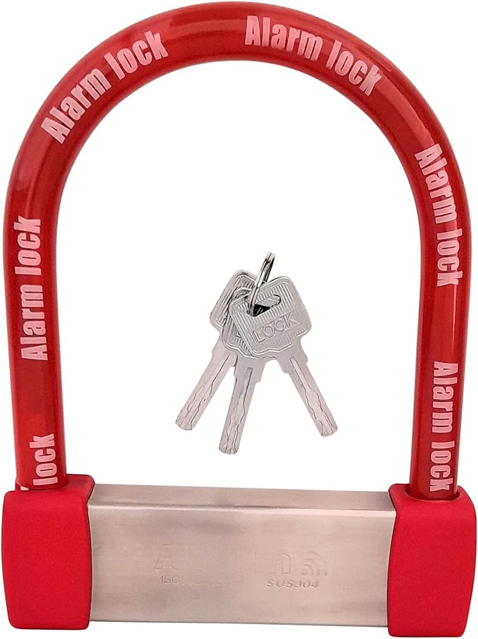 Bike Lock Heavy Duty Anti Theft Alarm Bike U Lock, High Pitched Audible Alarm, Bicycle, Fits Fat Tire E-Bikes 20"x4" Wheels Scooters Motorcycles,16mm Stainless Steel Weather Proof 3 Keys (Red)