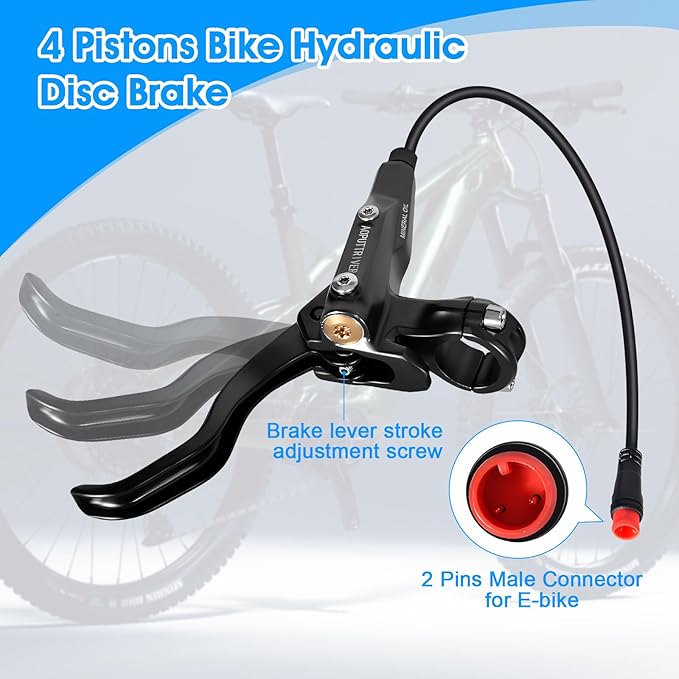 4 Pistons E-Bike Electric Power-Off Hydraulic Disc Brake Set for 2-PIN, 610NM Dry Braking Force, Aluminum Alloy Brake Lever with 180mm Rotors for Mountain Bike, Road Bike