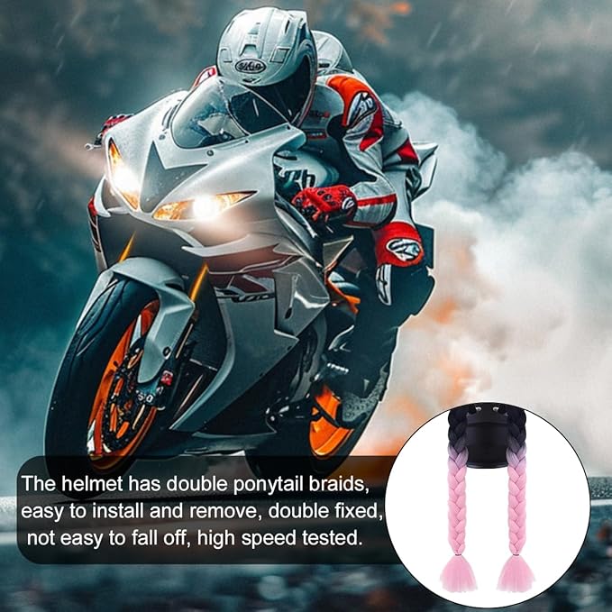 Helmet Pigtail Braids, 2PCS Motorcycle Helmet Ponytail Hair Tails Braid with Detachable Suction Cup, Hel-met Not Included, Bike Decoration Accessories, Universal for Bicycle Motorbike (Style4)