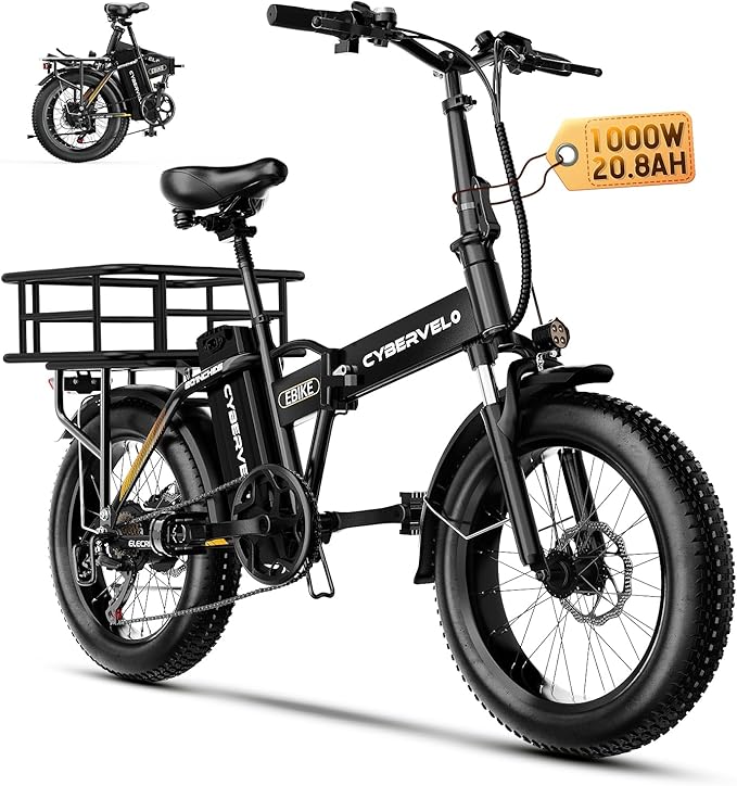 1000W Folding Electric Bike, 48V 20.8AH Large Removable Battery E-Bike, 30+MPH, 80 Miles Max Range, 20" Fat Tire Electric Bike for Adults, Adult Electric Bicycles for Commute