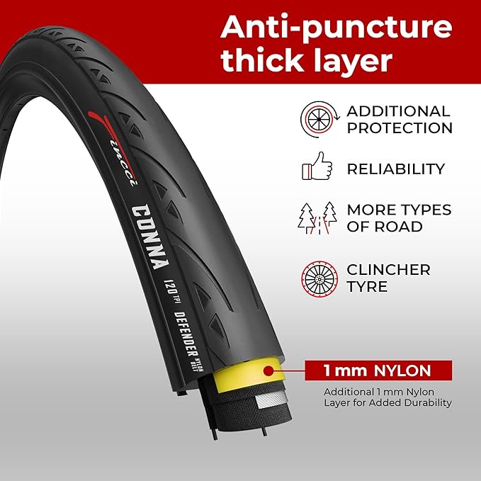 Fincci Road Bike 25-622 700x25c Tire with 700c Bike Tube Presta Valve - Foldable Kevlar 700c Bike Tire with 1 mm Nylon Puncture Resistant, 120 TPI - Accessories for Folding, Carbon, Racing, City Bikes