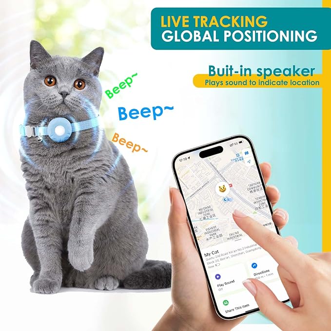 Cat Tracker, Lightweight GPS Tracker Compatible with Apple Find My App(Only iOS), Waterproof Cat Trackers Collar with Bell and Safety Elastic Buckle, No Monthly Fee Pet Tracker, Blue