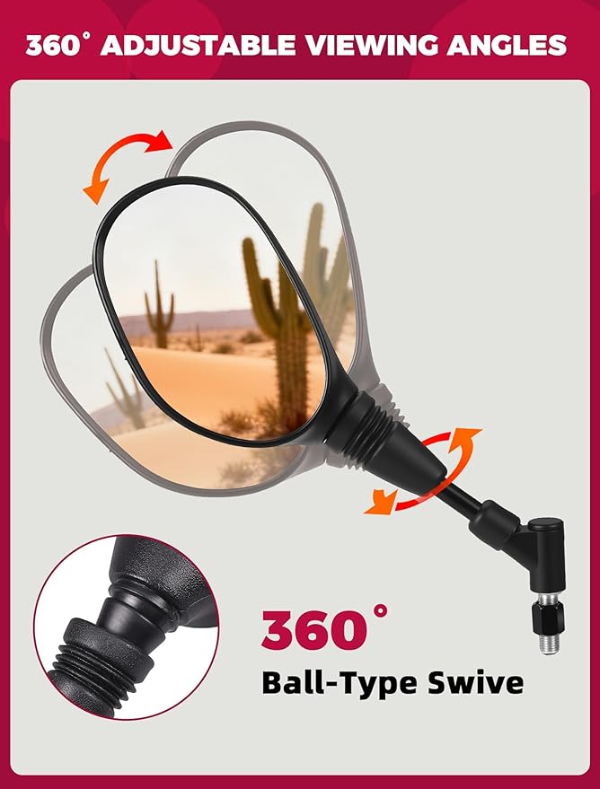 ATV Motorcycle Rearview Side Mirrors Universal 360 Degrees Ball-Type Adjustable 7/8" Handlebar Mount 8mm 10mm Adapters for ATV Scooter Moped Polaris Sportsman Honda Rincon