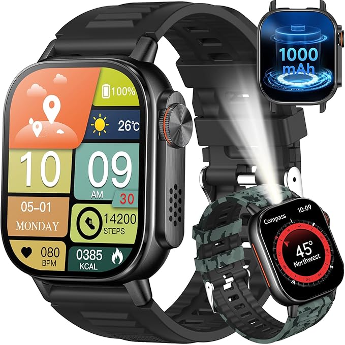 KPEP Military Watches for Men (2 Straps), 2.01" Fitness Tracker Watch with LED Flashlight, 100 Days Battery, Compass, SpO2 Heart Rate Monitor, Sleep Tracking, Reminders, Military Watch for iOS Android